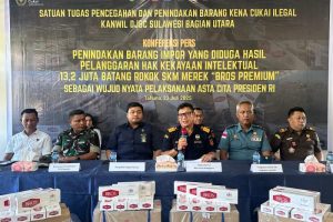 Kantor Wilayah Bea Cukai Sulawesi Bagian Utara (Sulbagtara) bersama Bea Cukai Manado berhasil menggagalkan impor 13.2 juta batang rokok merek “BROS PREMIUM” asal Vietnam yang diduga melanggar hak kekayaan intelektual (HKI).Tahuna, 25 Juli 2025