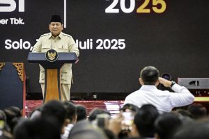 Presiden RI Prabowo Subianto memaparkan sejumlah capaian strategis pemerintahannya dalam Kongres Partai Solidaritas Indonesia (PSI) 2025 yang digelar di Edutorium Universitas Muhammadiyah Surakarta, Minggu malam (20/7/2025).